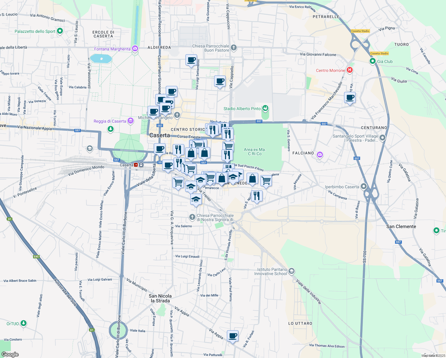 map of restaurants, bars, coffee shops, grocery stores, and more near 11 Via Pasquale Amato in Caserta