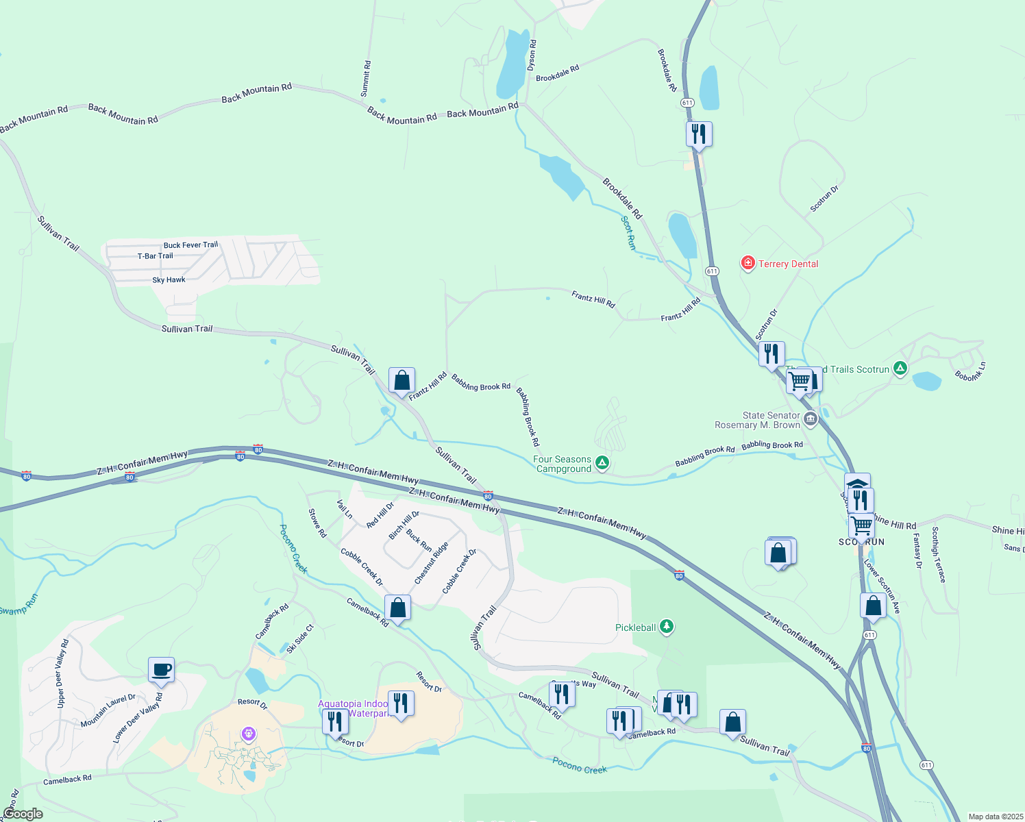 map of restaurants, bars, coffee shops, grocery stores, and more near 168 Babbling Brook Road in Monroe County