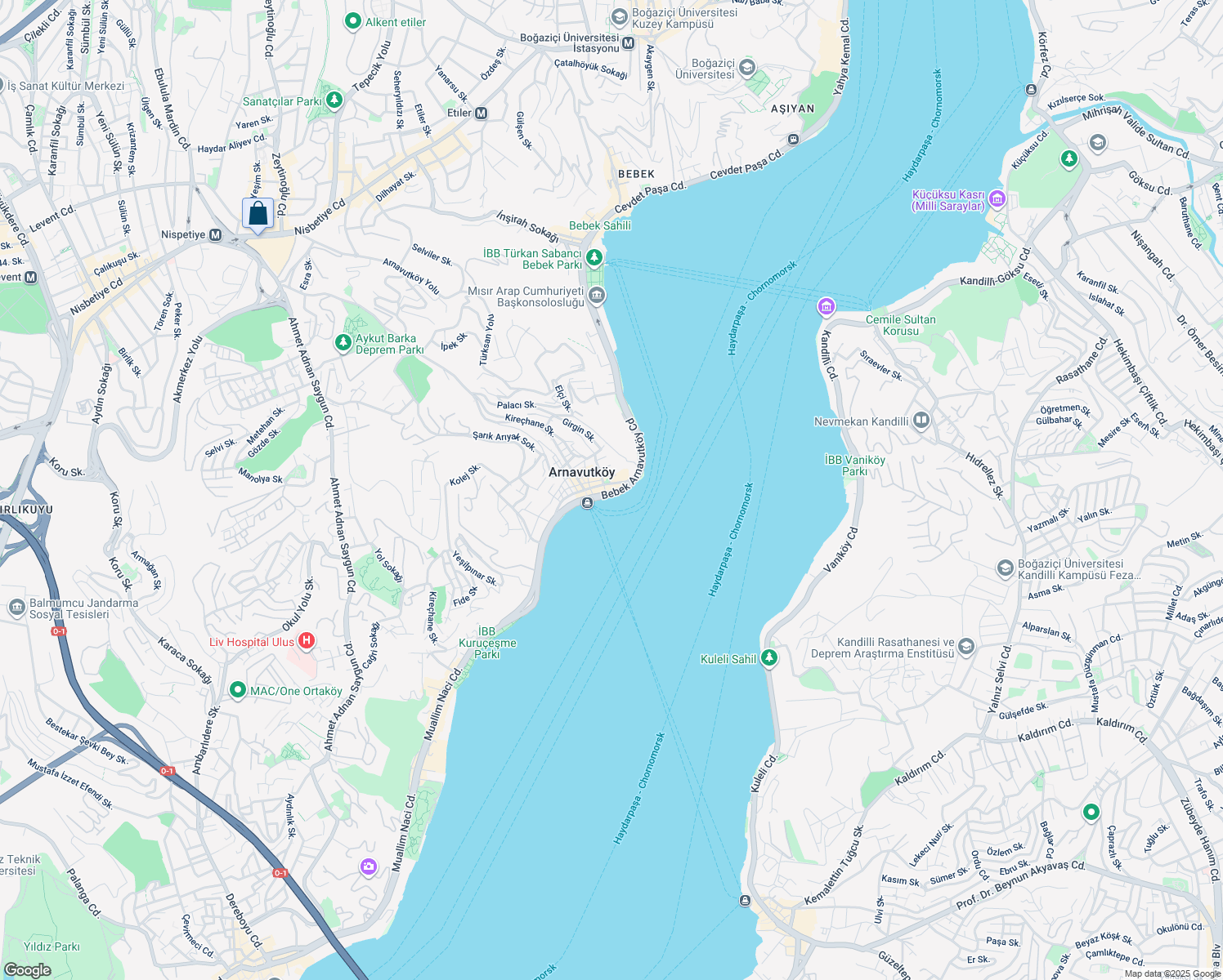 map of restaurants, bars, coffee shops, grocery stores, and more near 42 Bebek Arnavutköy Caddesi in Beşiktaş