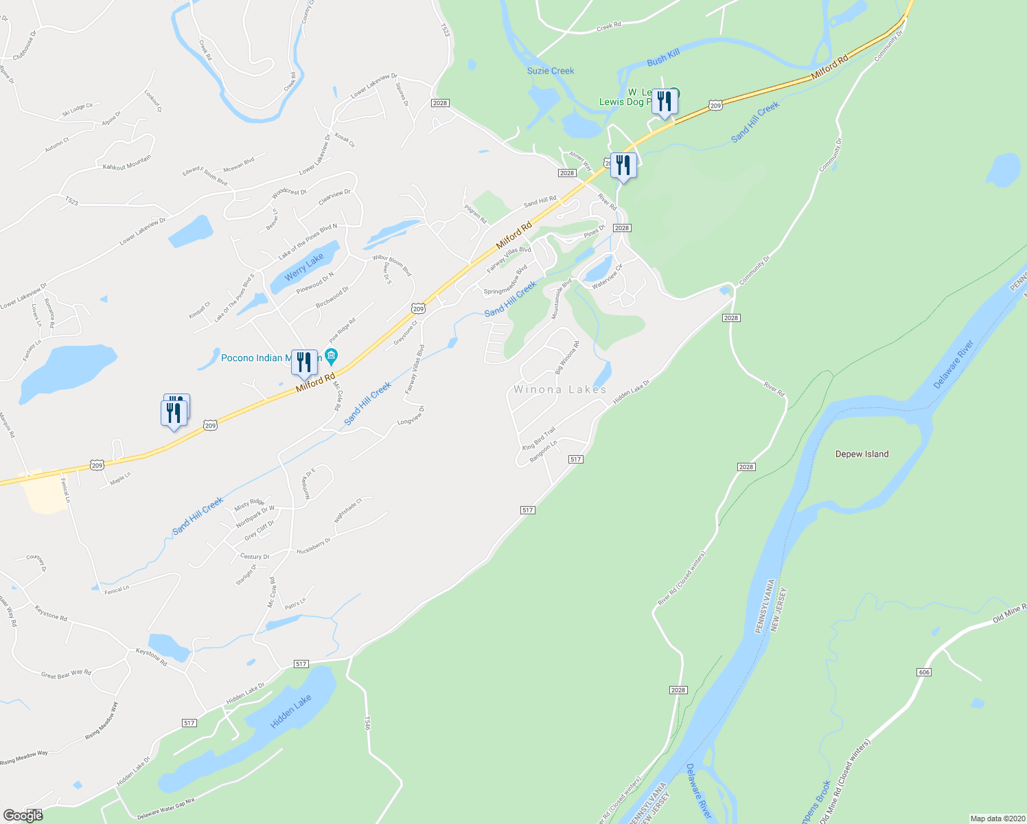map of restaurants, bars, coffee shops, grocery stores, and more near 205 Maple Lane in East Stroudsburg
