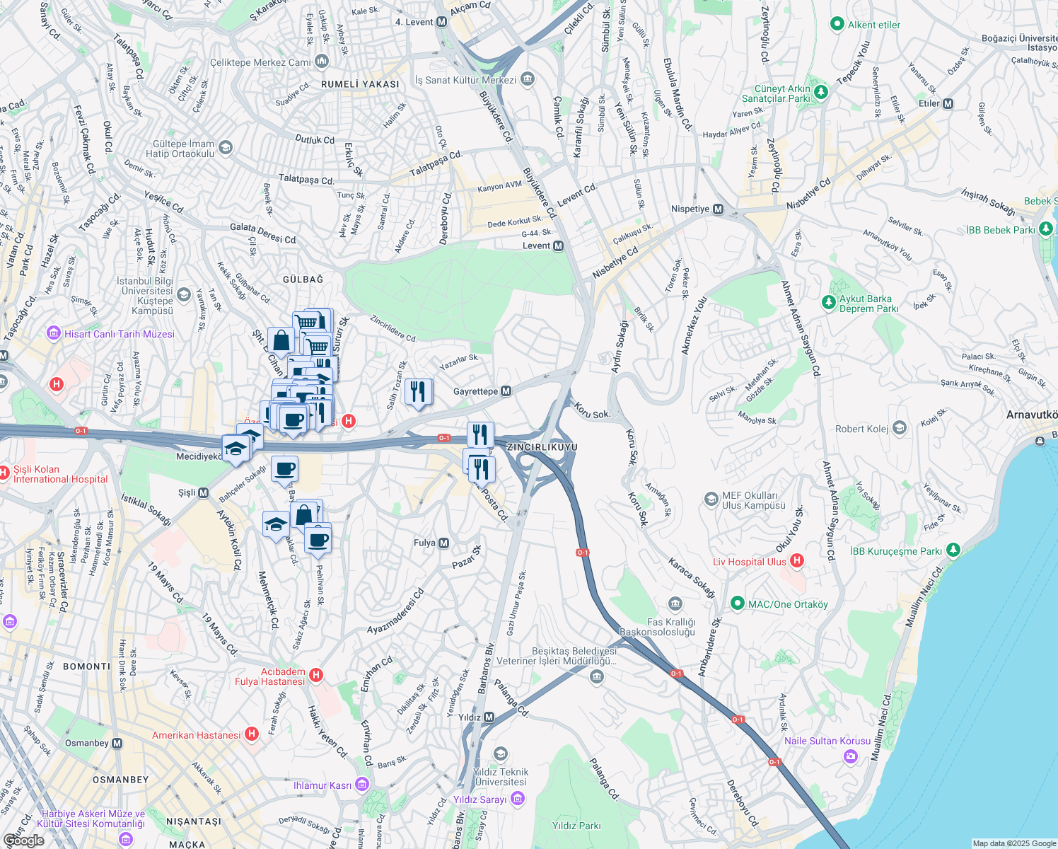map of restaurants, bars, coffee shops, grocery stores, and more near 15 Müselles Sokak in Şişli