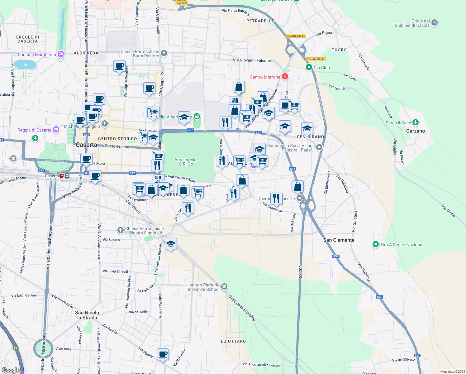 map of restaurants, bars, coffee shops, grocery stores, and more near 7 Via Assunta in Caserta