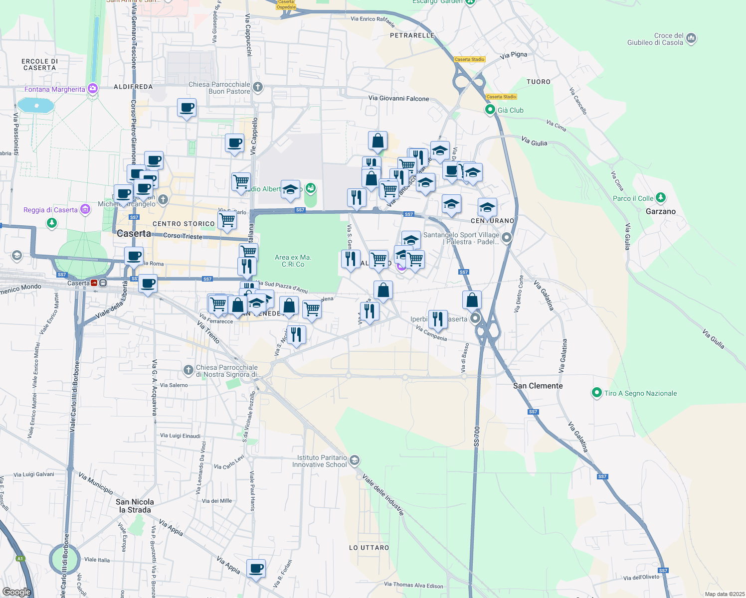 map of restaurants, bars, coffee shops, grocery stores, and more near 101 Via Guglielmo Marconi in Caserta