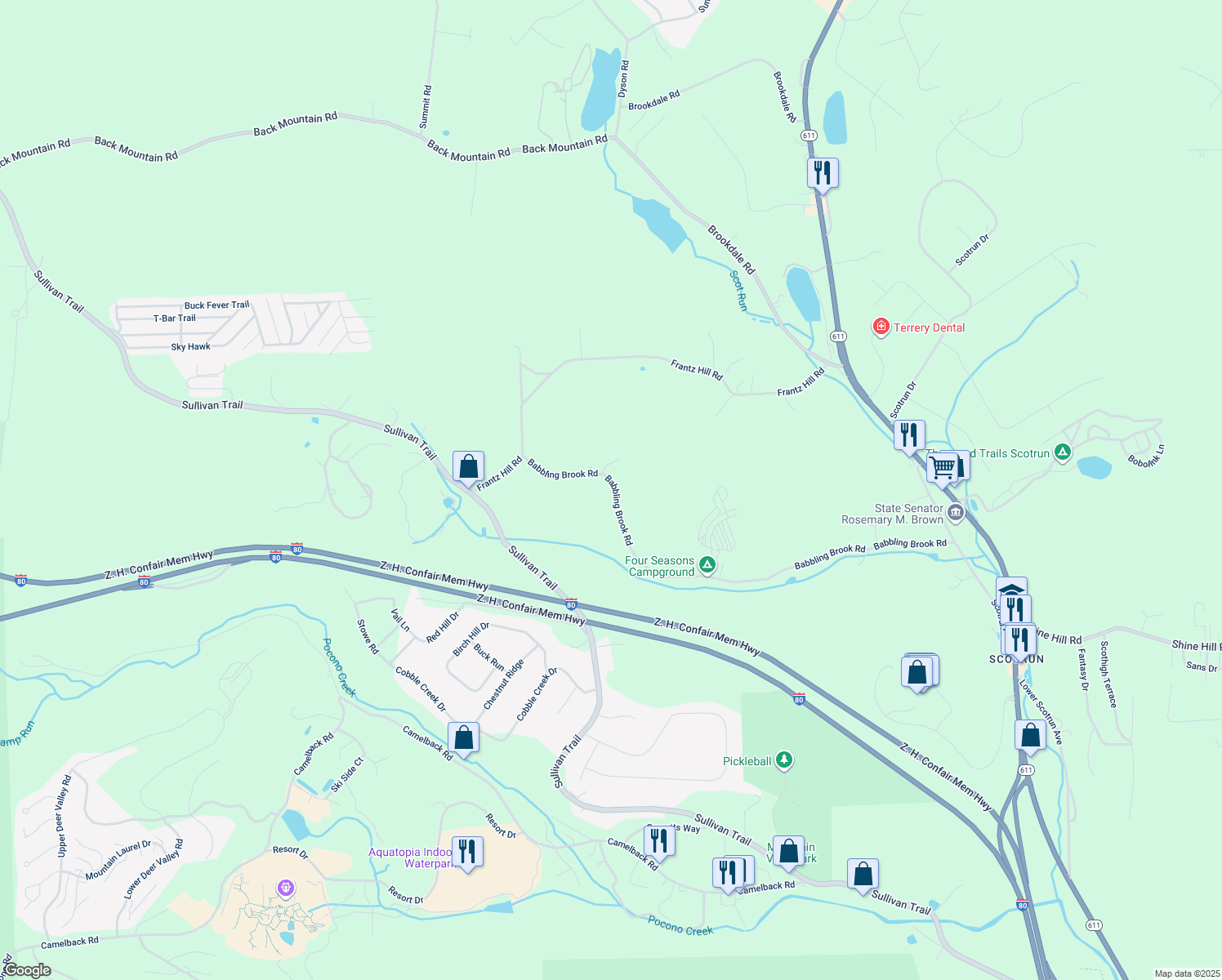 map of restaurants, bars, coffee shops, grocery stores, and more near 168 Babbling Brook Road in Monroe County