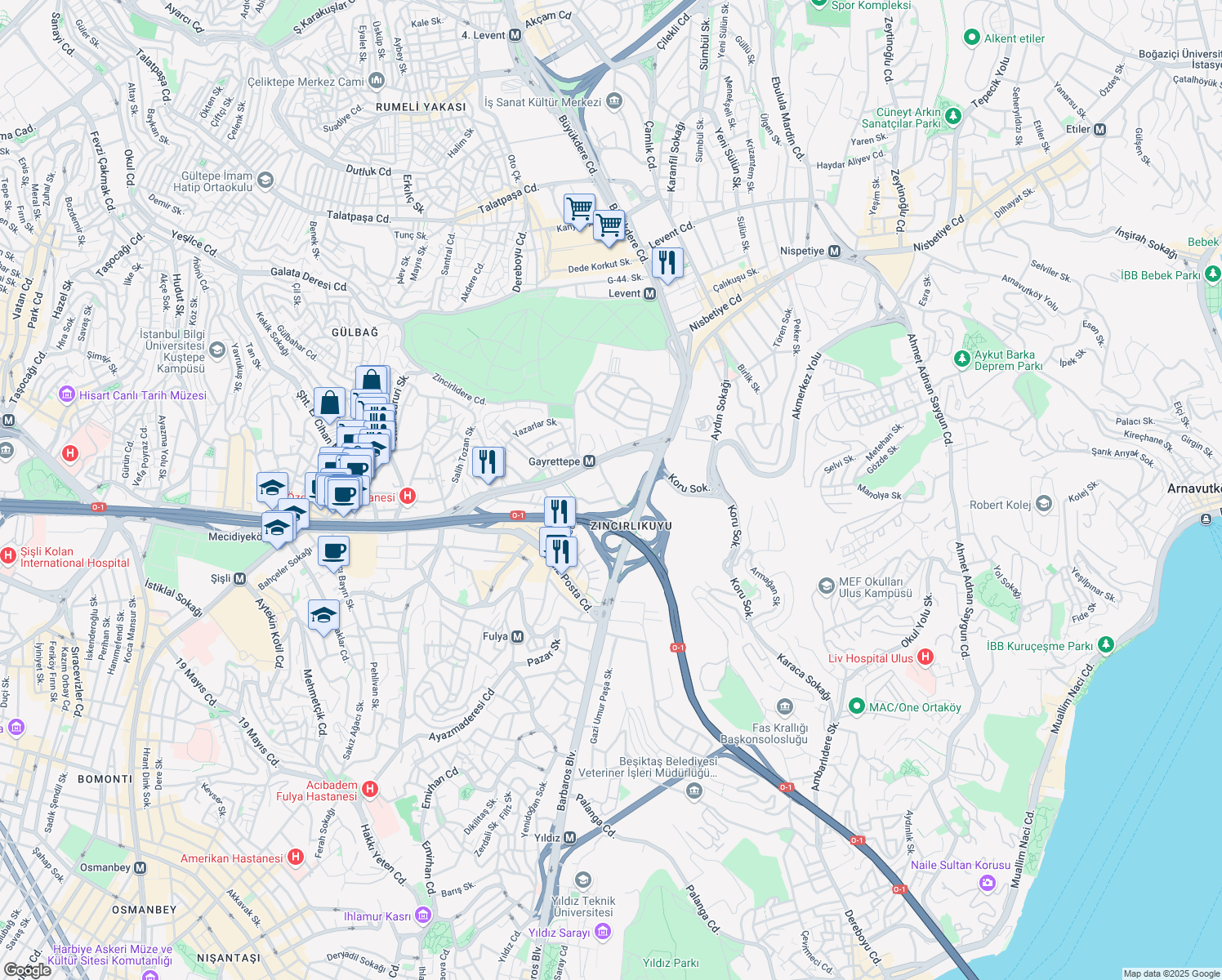 map of restaurants, bars, coffee shops, grocery stores, and more near 15 Müselles Sokak in Şişli