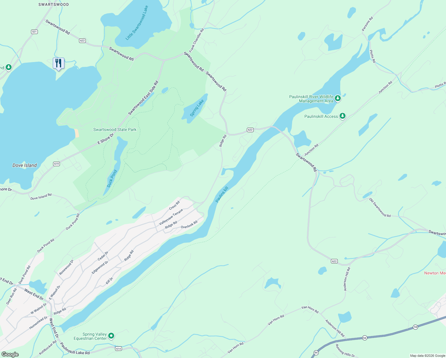 map of restaurants, bars, coffee shops, grocery stores, and more near 118 Ridge Road in Newton