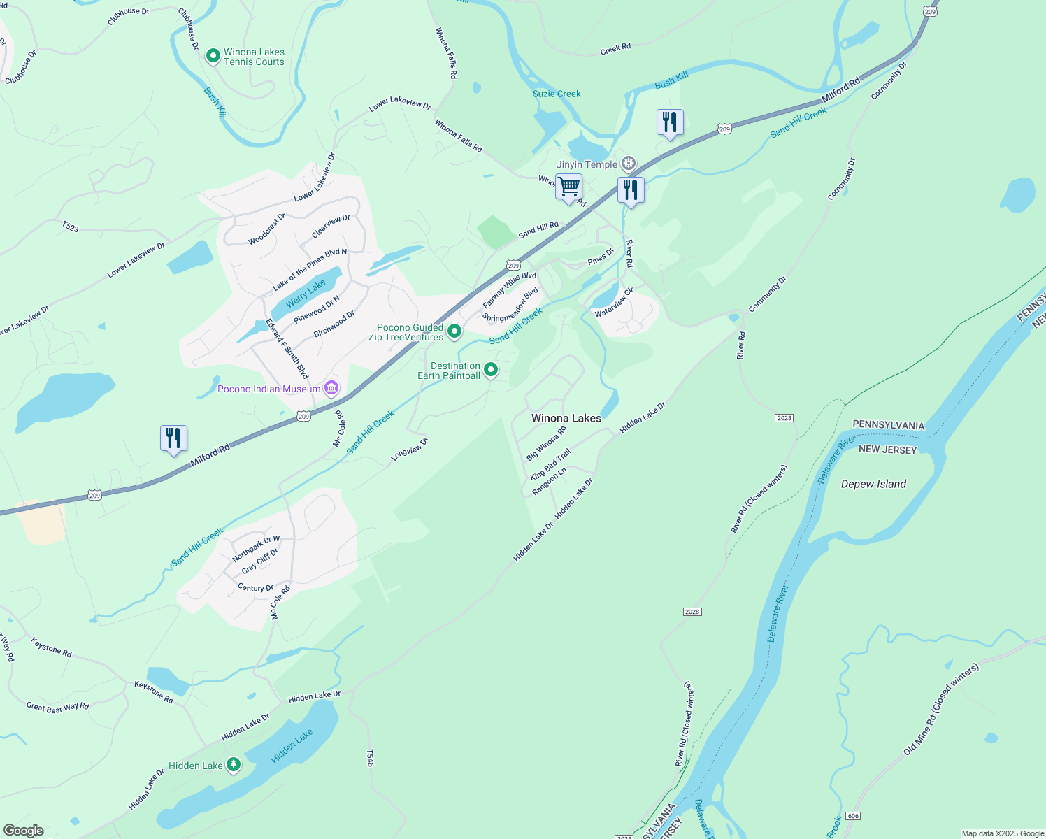 map of restaurants, bars, coffee shops, grocery stores, and more near King Bird Trail in East Stroudsburg