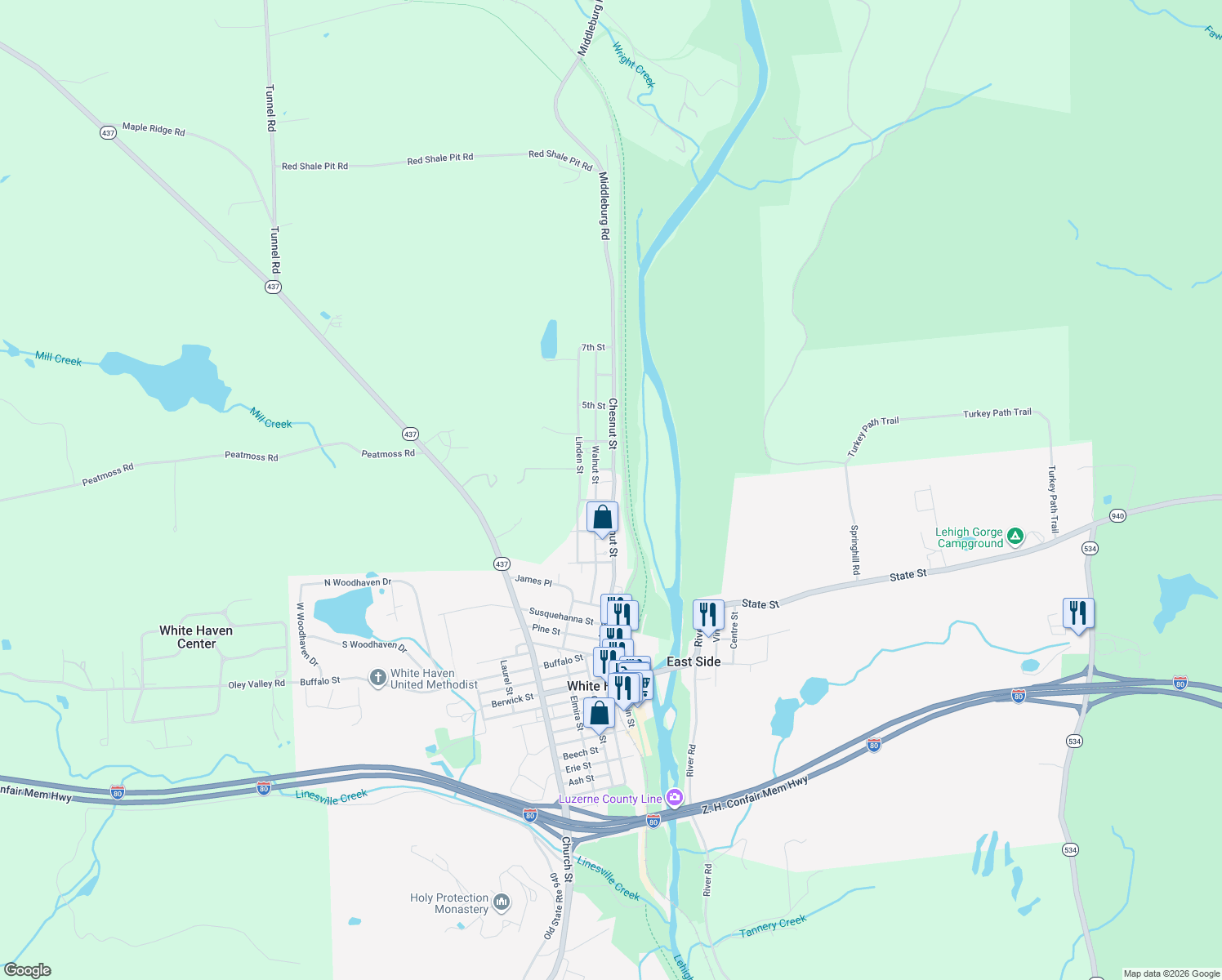 map of restaurants, bars, coffee shops, grocery stores, and more near 40 Middleburg Rd in White Haven