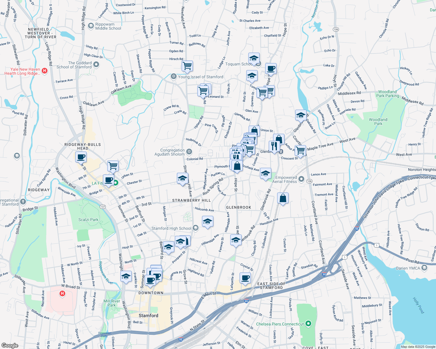 map of restaurants, bars, coffee shops, grocery stores, and more near 40 Puritan Lane in Stamford