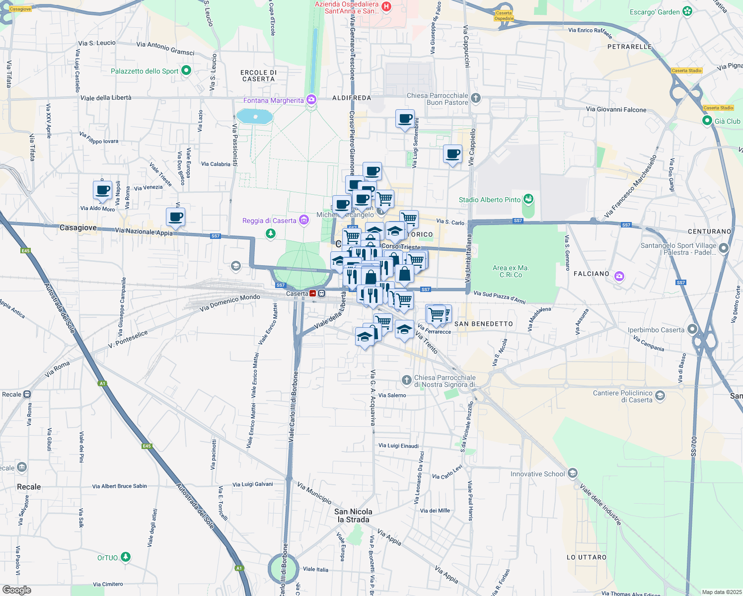 map of restaurants, bars, coffee shops, grocery stores, and more near 28 Via Renato de Martino in Caserta