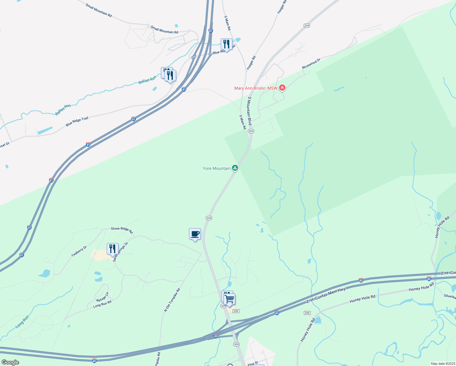 map of restaurants, bars, coffee shops, grocery stores, and more near N Hunter Hwy in Mountain Top