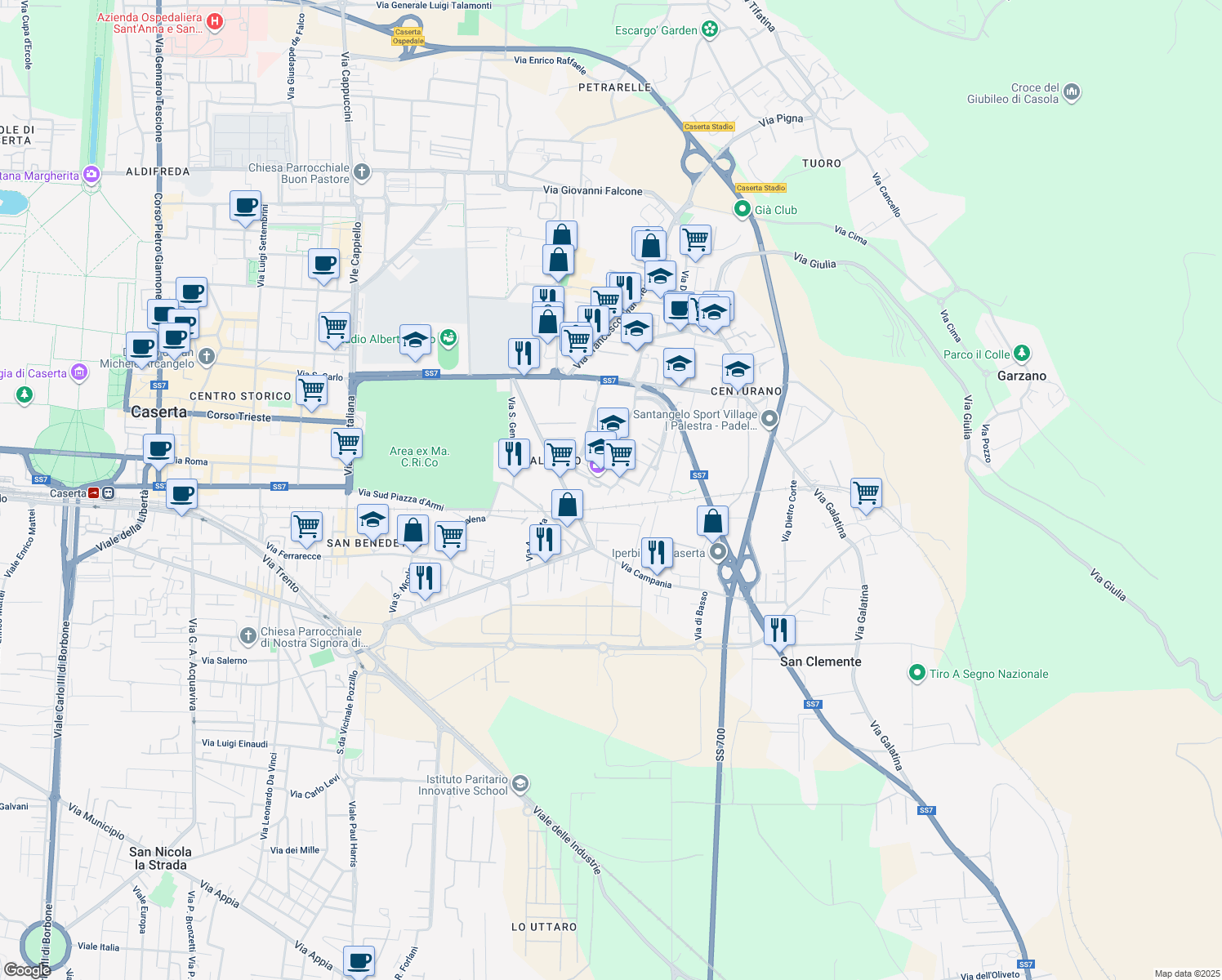 map of restaurants, bars, coffee shops, grocery stores, and more near 2 Via delle Betulle in Caserta