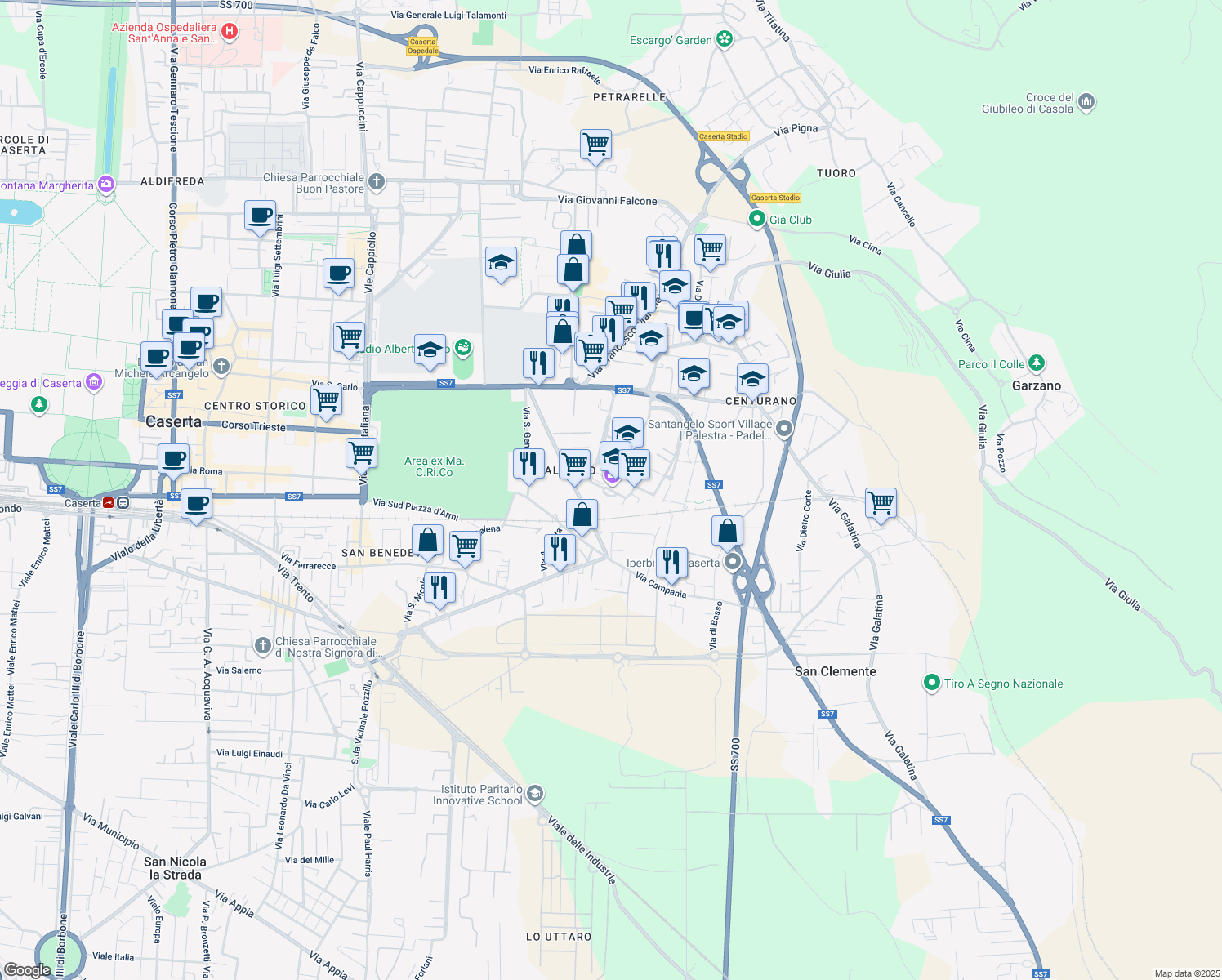 map of restaurants, bars, coffee shops, grocery stores, and more near 2 Via delle Betulle in Caserta
