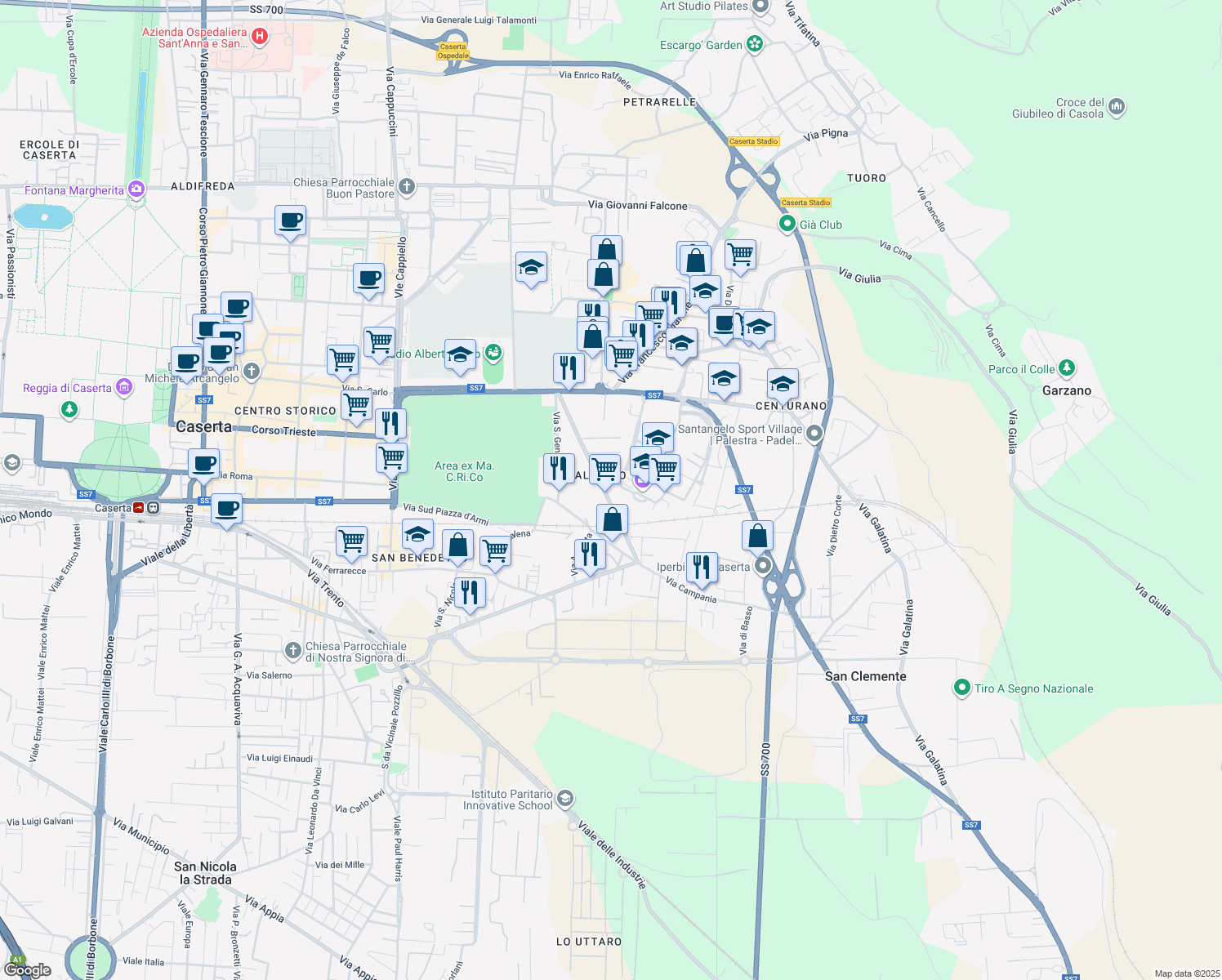 map of restaurants, bars, coffee shops, grocery stores, and more near 101 Via Guglielmo Marconi in Caserta