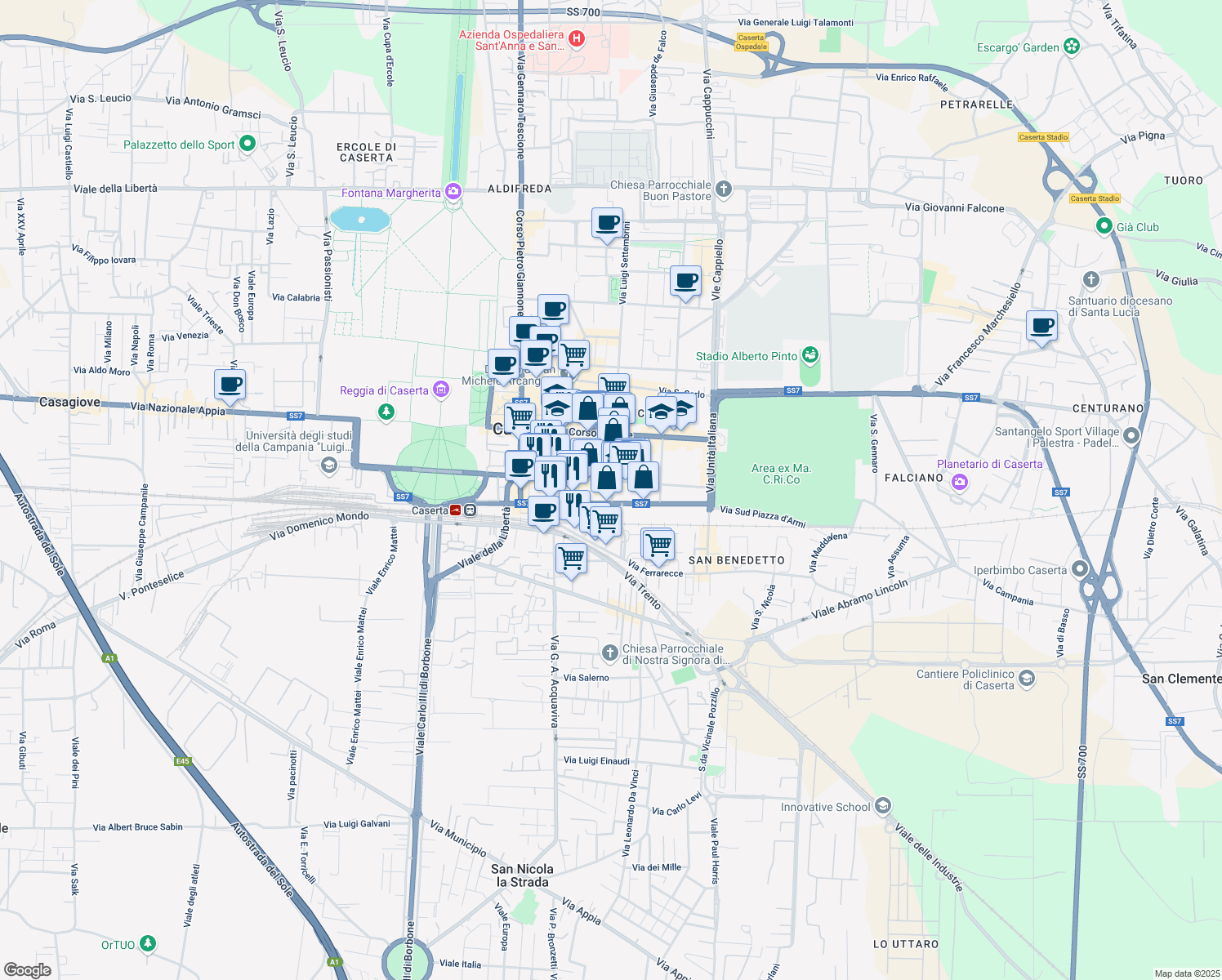 map of restaurants, bars, coffee shops, grocery stores, and more near 42 Via Don Giovanni Bosco in Caserta