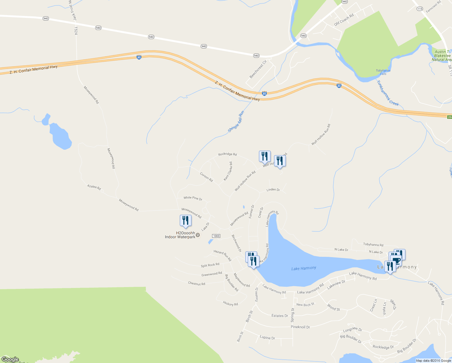 map of restaurants, bars, coffee shops, grocery stores, and more near 7 Kent Clarke Road in Lake Harmony