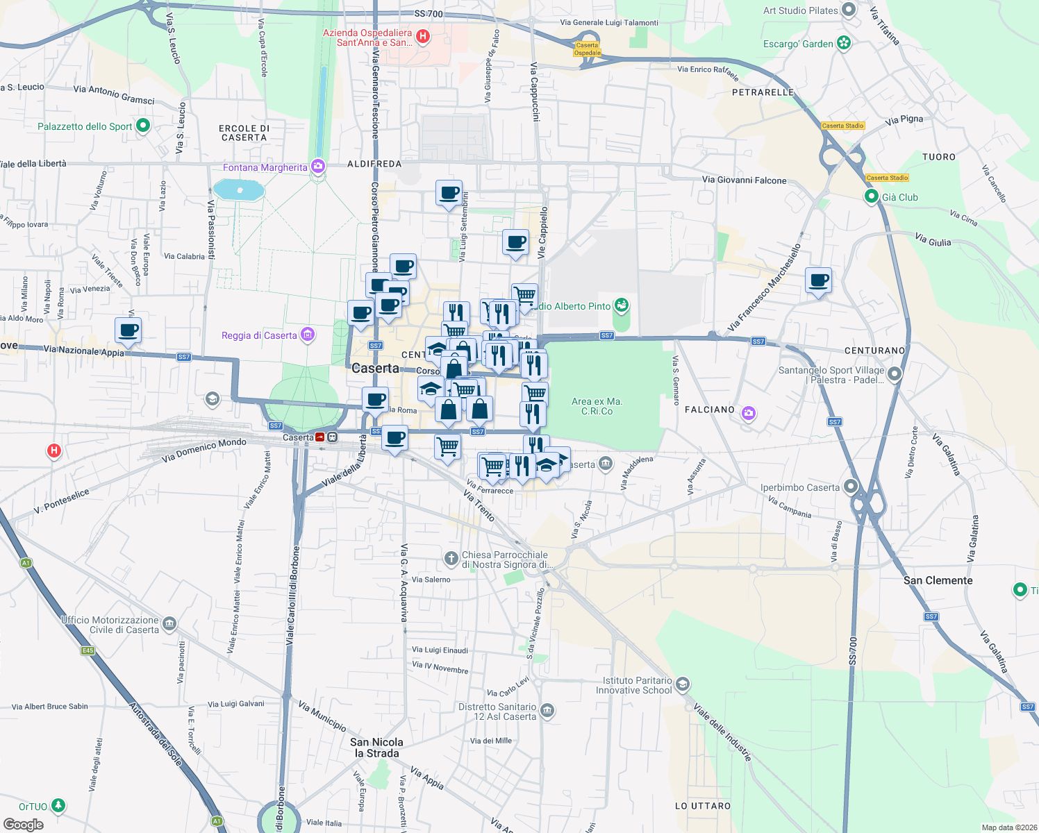 map of restaurants, bars, coffee shops, grocery stores, and more near 143 Via Roma in Caserta