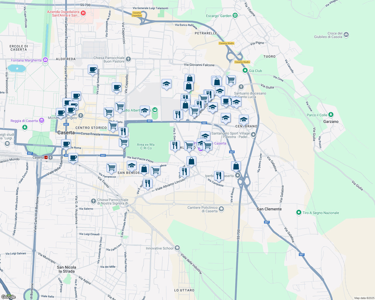 map of restaurants, bars, coffee shops, grocery stores, and more near 40 Via Guglielmo Marconi in Caserta