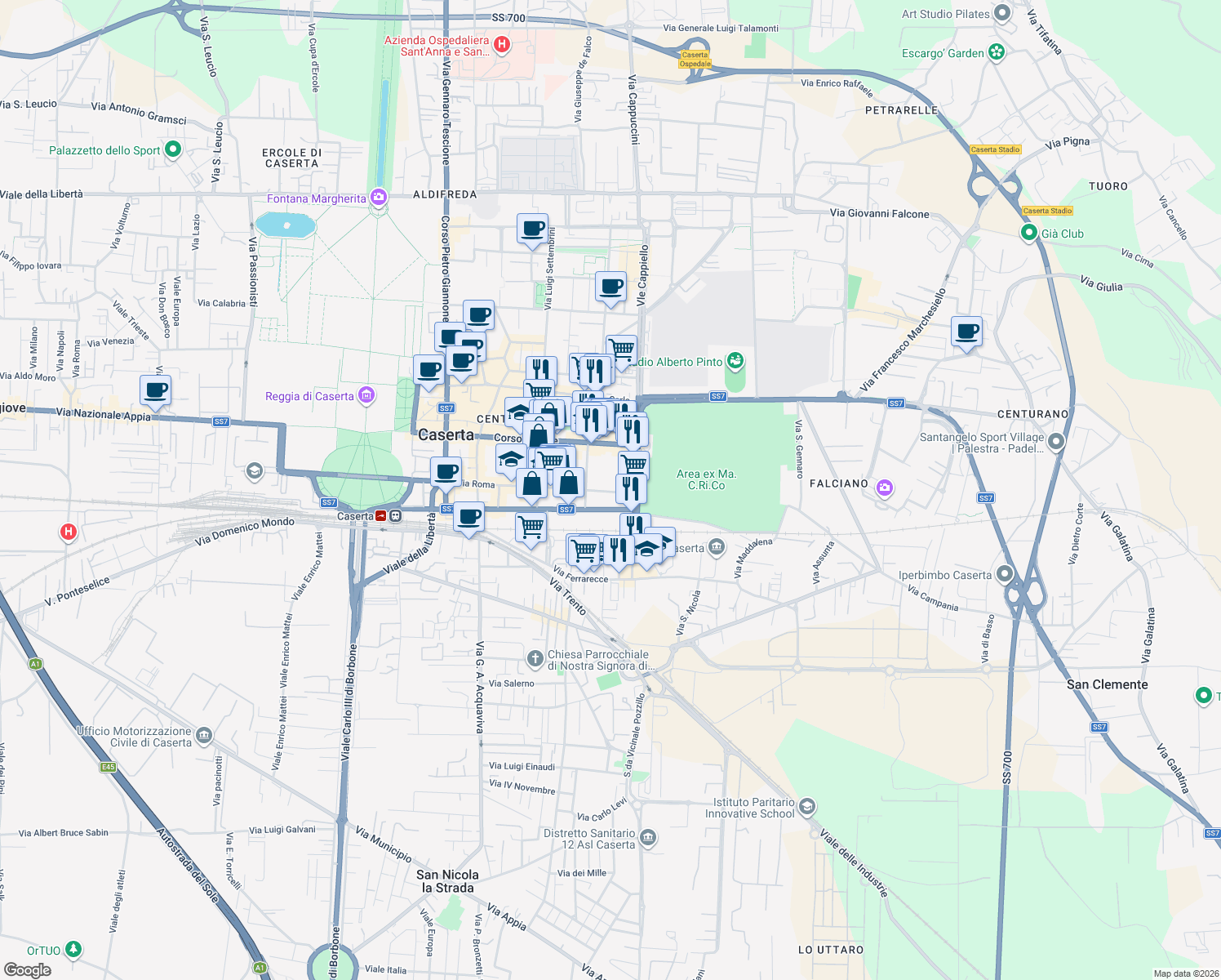 map of restaurants, bars, coffee shops, grocery stores, and more near 143 Via Roma in Caserta