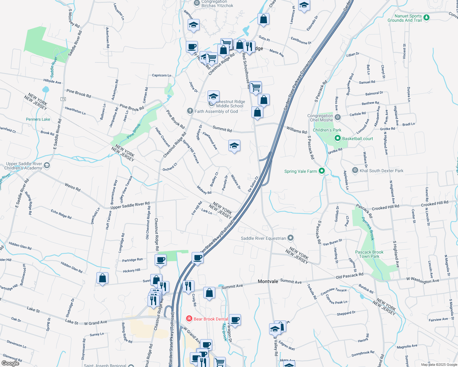 map of restaurants, bars, coffee shops, grocery stores, and more near 6 Pamela Drive in Spring Valley