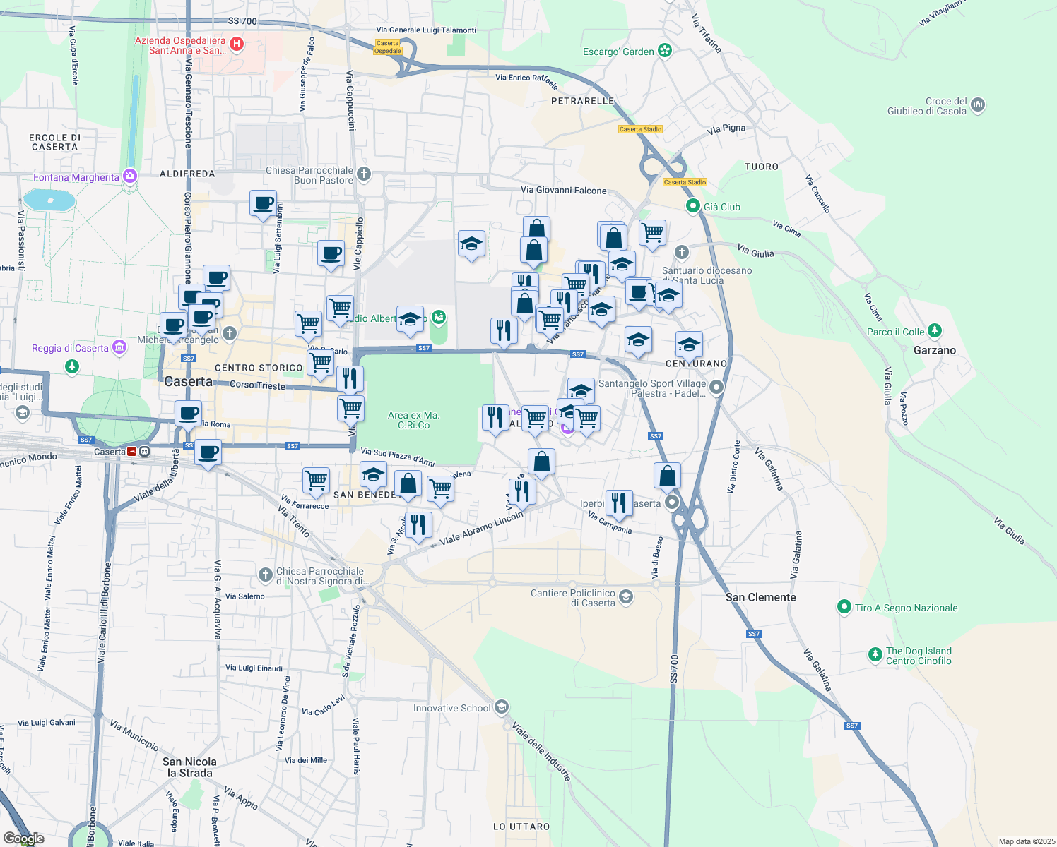 map of restaurants, bars, coffee shops, grocery stores, and more near 40 Via Guglielmo Marconi in Caserta