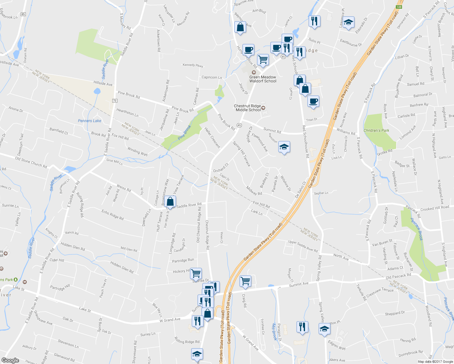 map of restaurants, bars, coffee shops, grocery stores, and more near 12 Capri Drive in Spring Valley