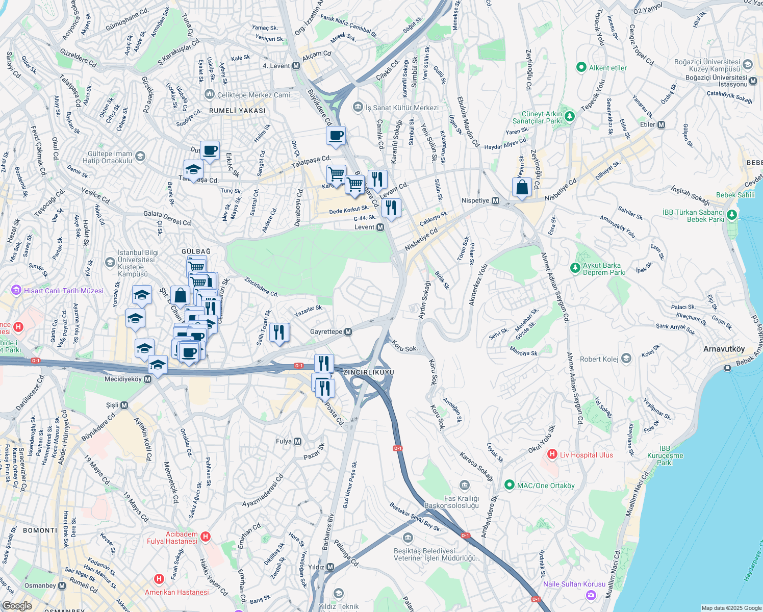 map of restaurants, bars, coffee shops, grocery stores, and more near 6 Kore Şehitleri Caddesi in Şişli