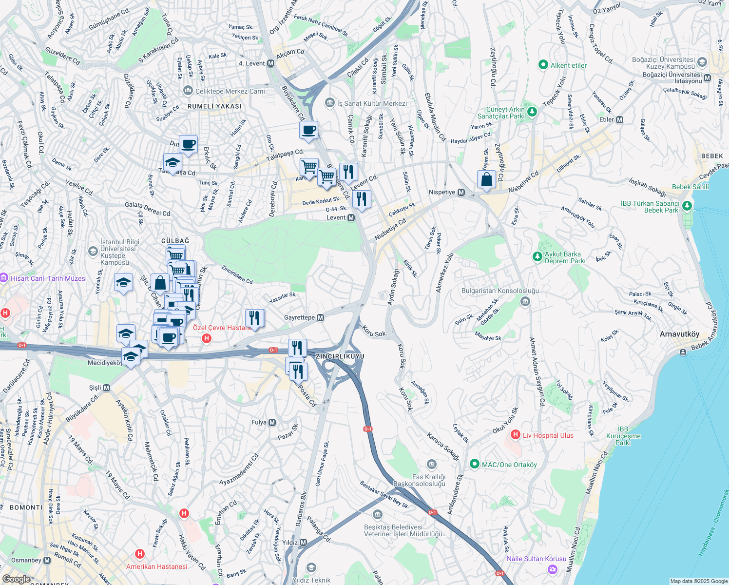 map of restaurants, bars, coffee shops, grocery stores, and more near 141 Büyükdere Caddesi in İstanbul