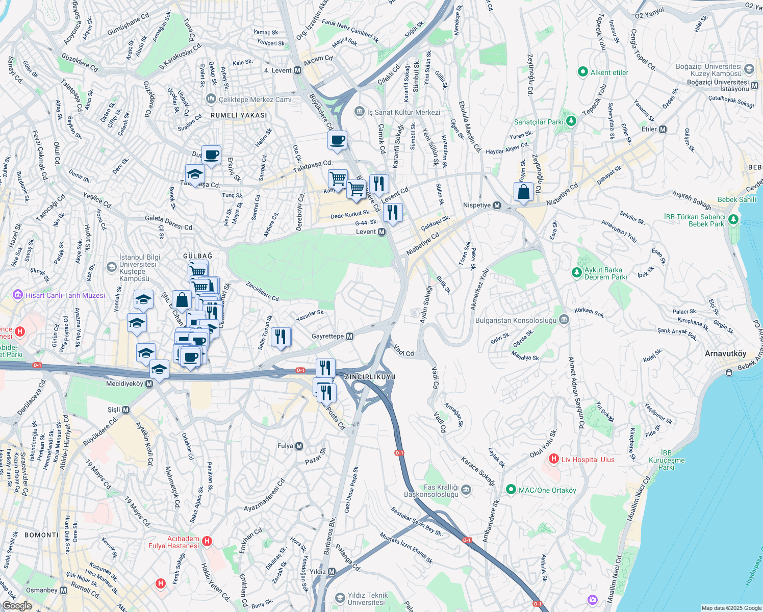 map of restaurants, bars, coffee shops, grocery stores, and more near 6 Kore Şehitleri Caddesi in Şişli