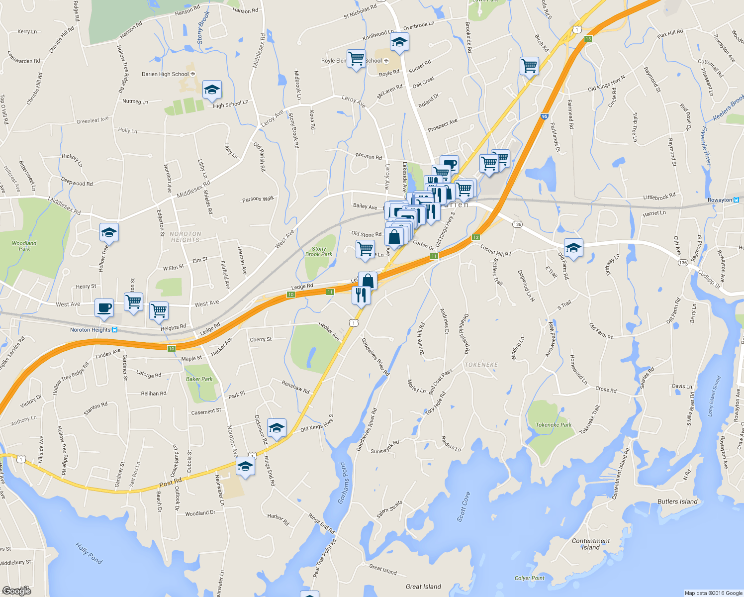 map of restaurants, bars, coffee shops, grocery stores, and more near 1292 Boston Post Road in Darien