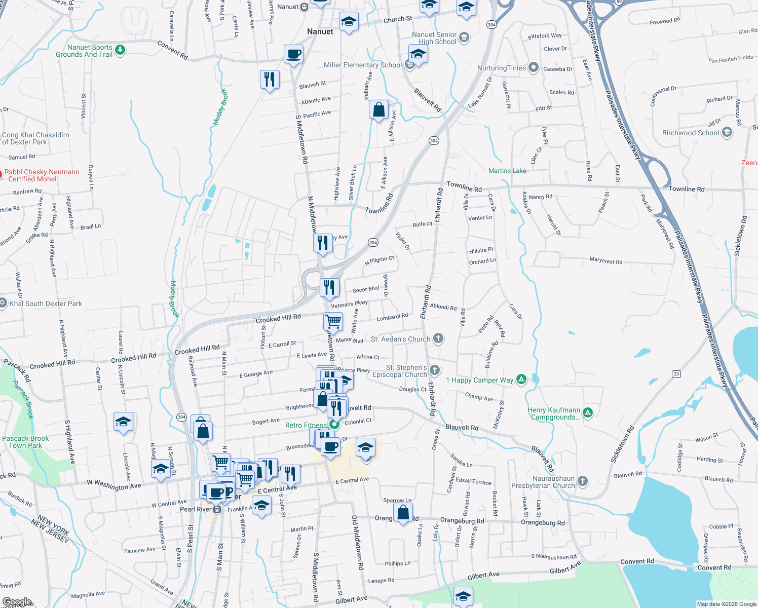 map of restaurants, bars, coffee shops, grocery stores, and more near 98 Veterans Parkway in Pearl River