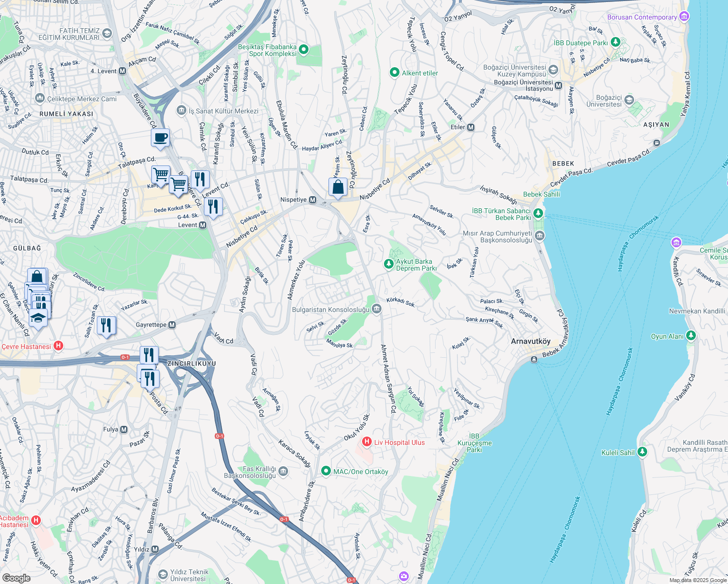 map of restaurants, bars, coffee shops, grocery stores, and more near 5 Hakkı Şehit Han Sokak in Beşiktaş
