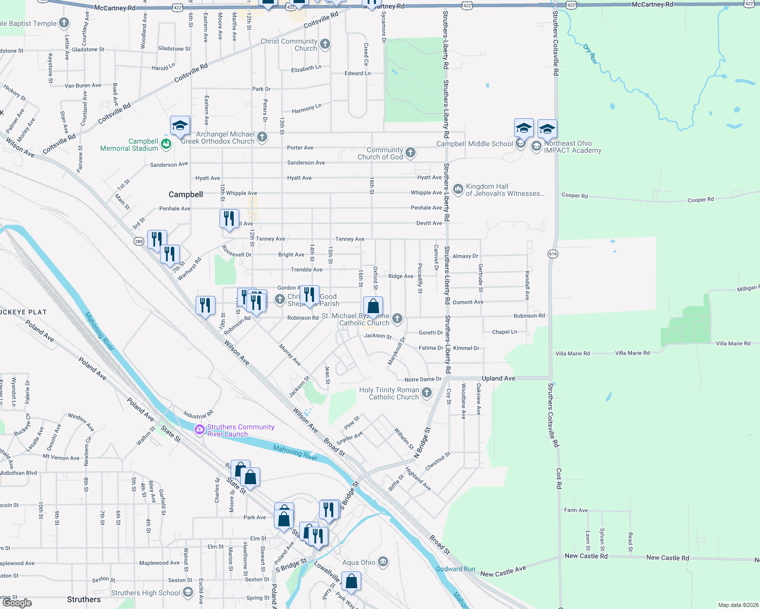 map of restaurants, bars, coffee shops, grocery stores, and more near 27 Oxford Street in Campbell