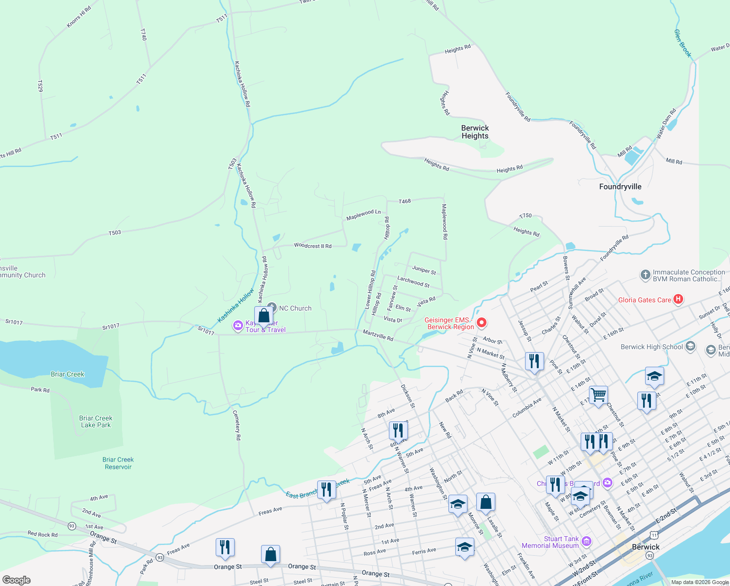 map of restaurants, bars, coffee shops, grocery stores, and more near 23 Lower Hilltop Road in Berwick