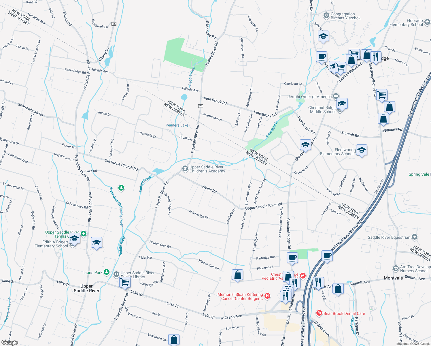 map of restaurants, bars, coffee shops, grocery stores, and more near 28 Gristmill Ln in Upper Saddle River