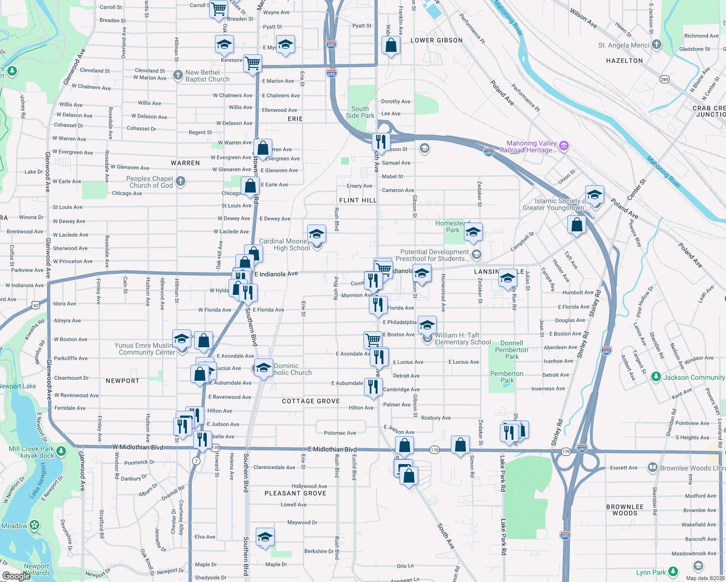 map of restaurants, bars, coffee shops, grocery stores, and more near 366 Marmion Avenue in Youngstown