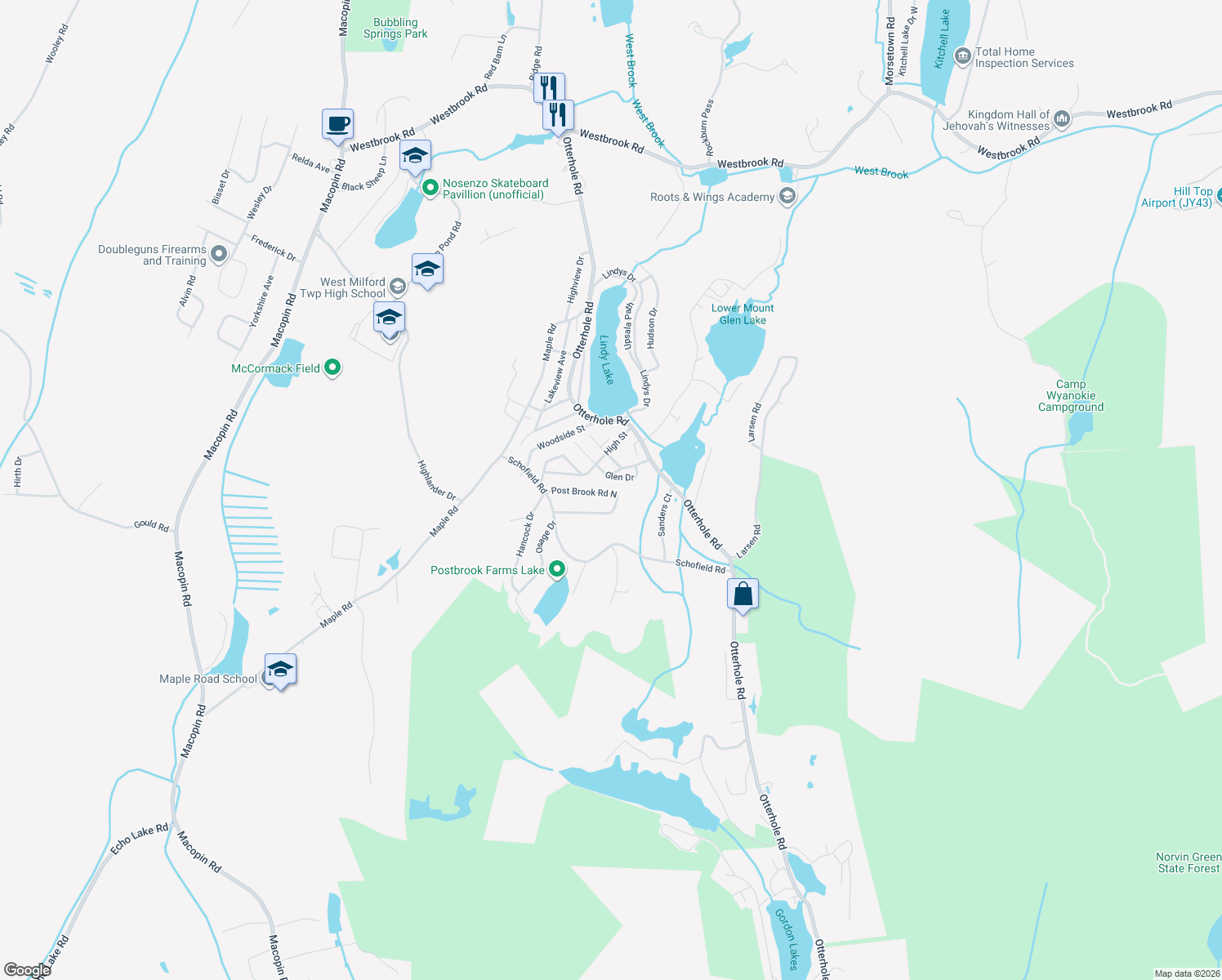 map of restaurants, bars, coffee shops, grocery stores, and more near 35 Post Brook Road North in West Milford