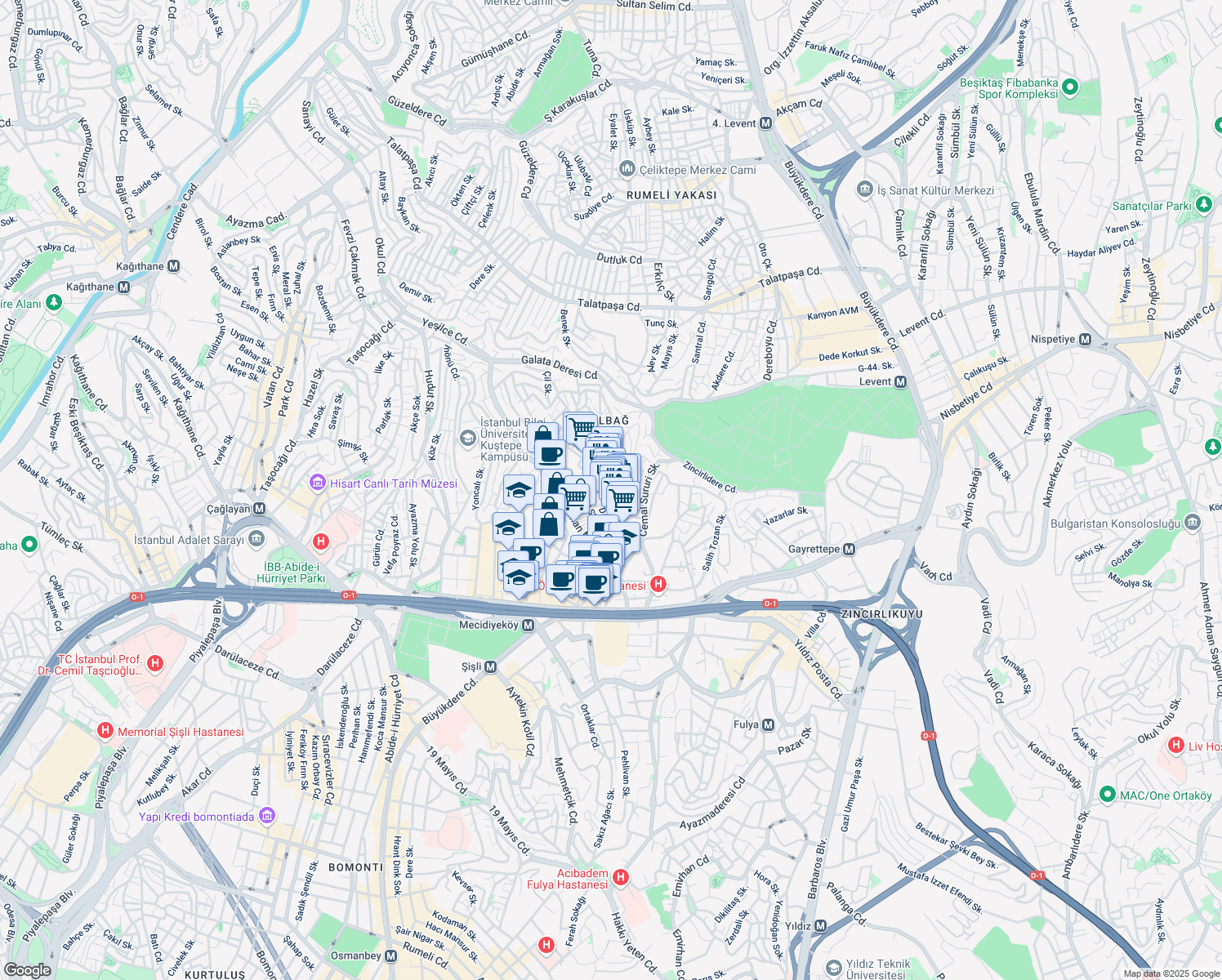 map of restaurants, bars, coffee shops, grocery stores, and more near 36/3 Şehit Ertuğrul Kabataş Caddesi in Şişli