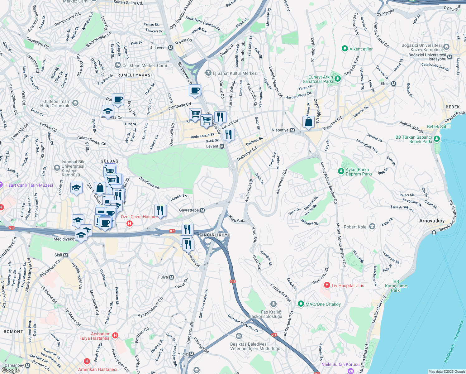 map of restaurants, bars, coffee shops, grocery stores, and more near 185 Büyükdere Caddesi in Istanbul