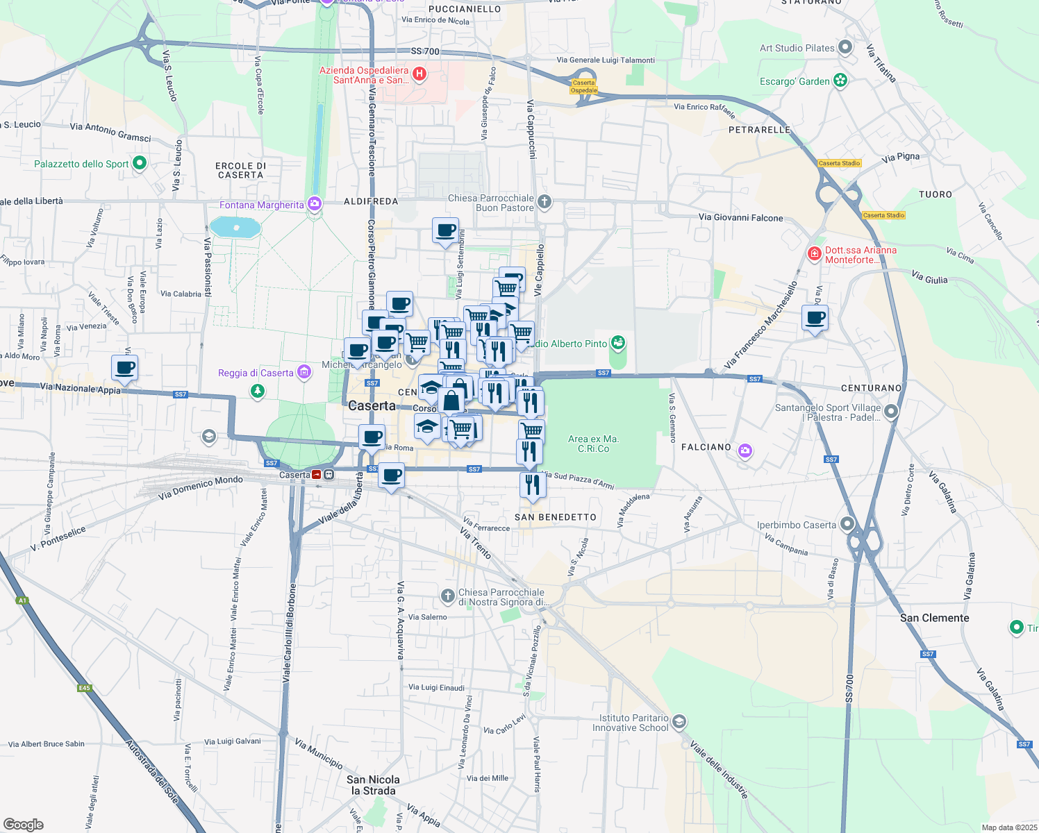 map of restaurants, bars, coffee shops, grocery stores, and more near 198 Corso Trieste in Caserta