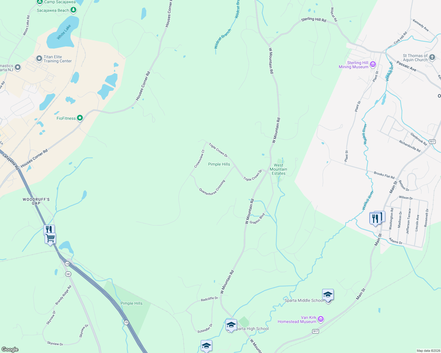 map of restaurants, bars, coffee shops, grocery stores, and more near 6 Quarterhorse Crossing in Sparta