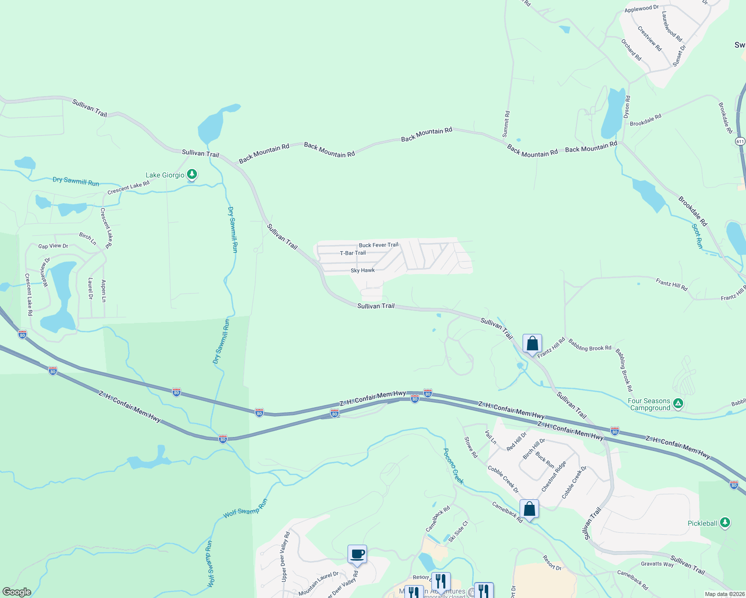 map of restaurants, bars, coffee shops, grocery stores, and more near Sullivan Trail in Scotrun