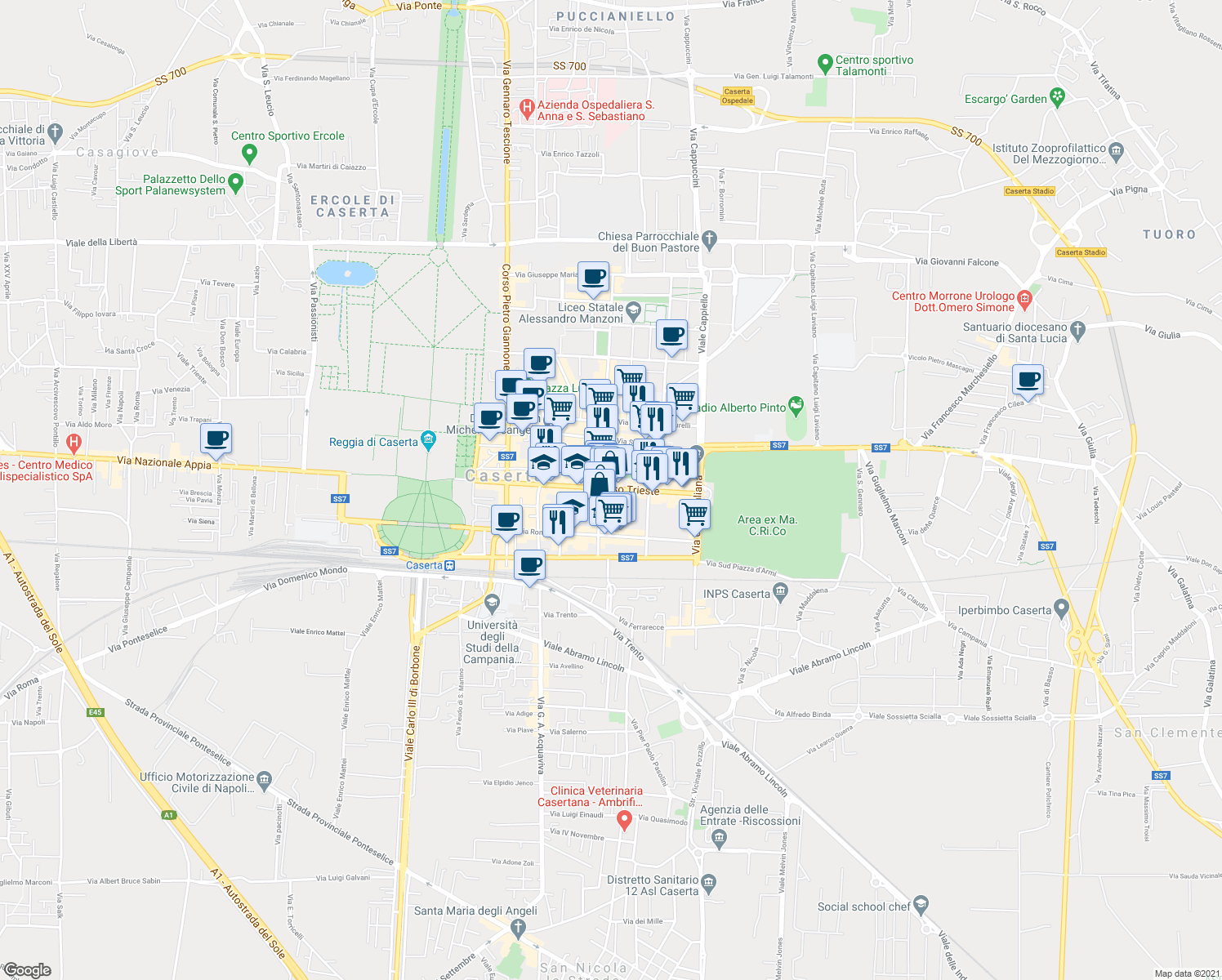 map of restaurants, bars, coffee shops, grocery stores, and more near 154 Corso Trieste in Caserta