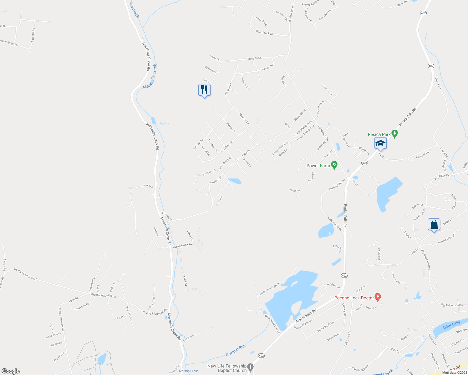 map of restaurants, bars, coffee shops, grocery stores, and more near Acorn in East Stroudsburg