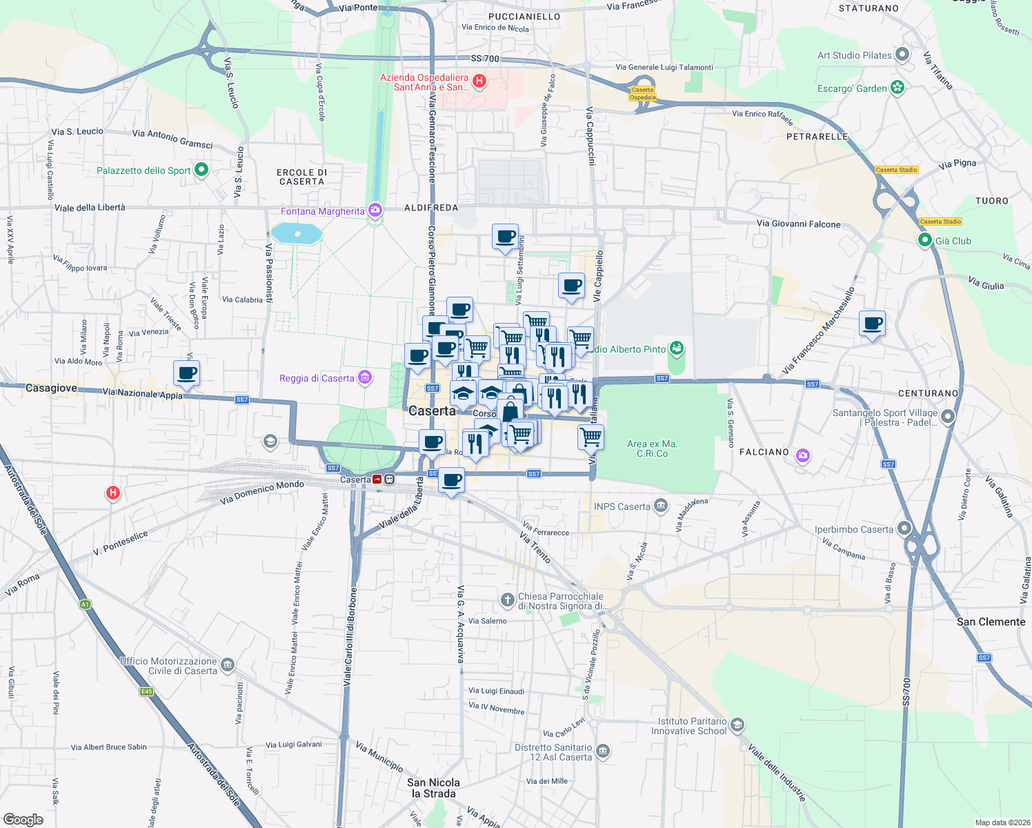 map of restaurants, bars, coffee shops, grocery stores, and more near 154 Corso Trieste in Caserta