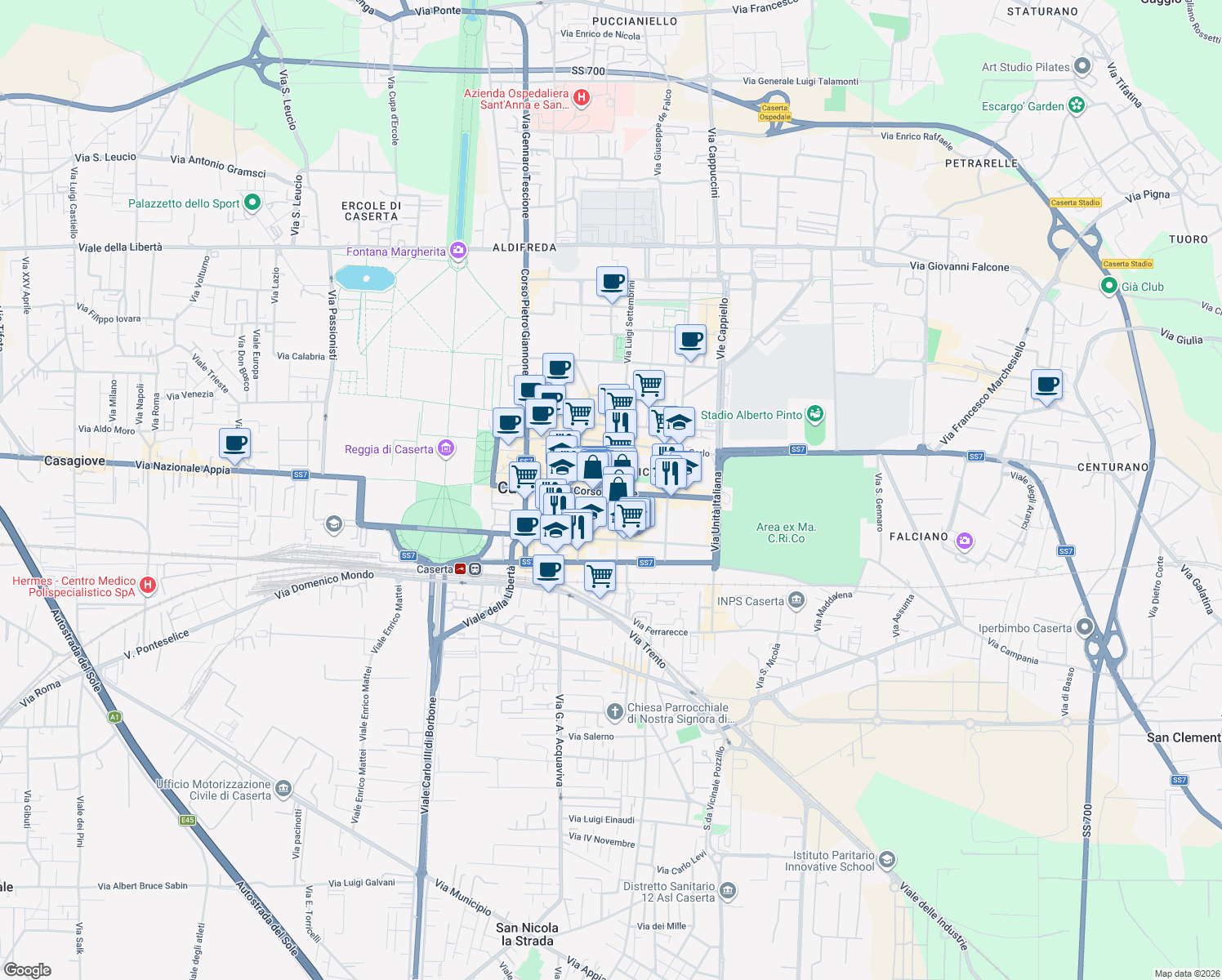 map of restaurants, bars, coffee shops, grocery stores, and more near in Caserta