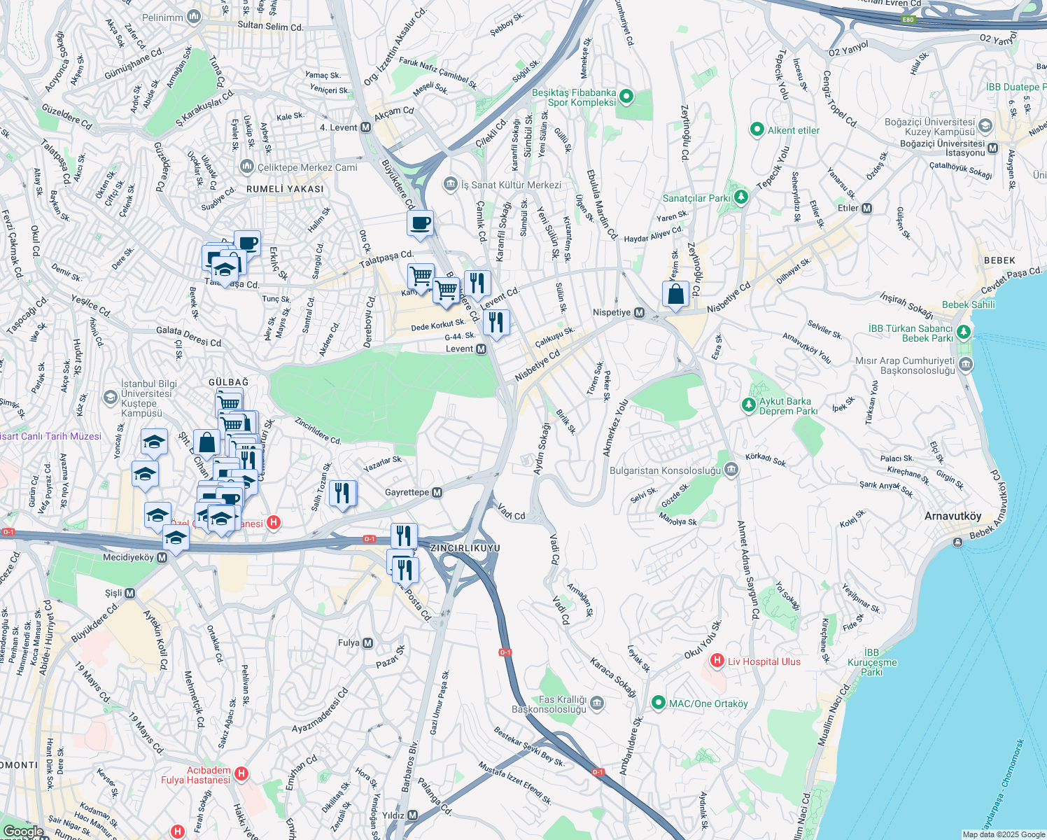 map of restaurants, bars, coffee shops, grocery stores, and more near 2 Aytar Caddesi in Beşiktaş