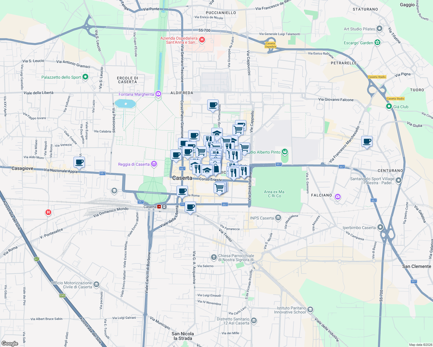 map of restaurants, bars, coffee shops, grocery stores, and more near Villetta Giaquinto in Caserta