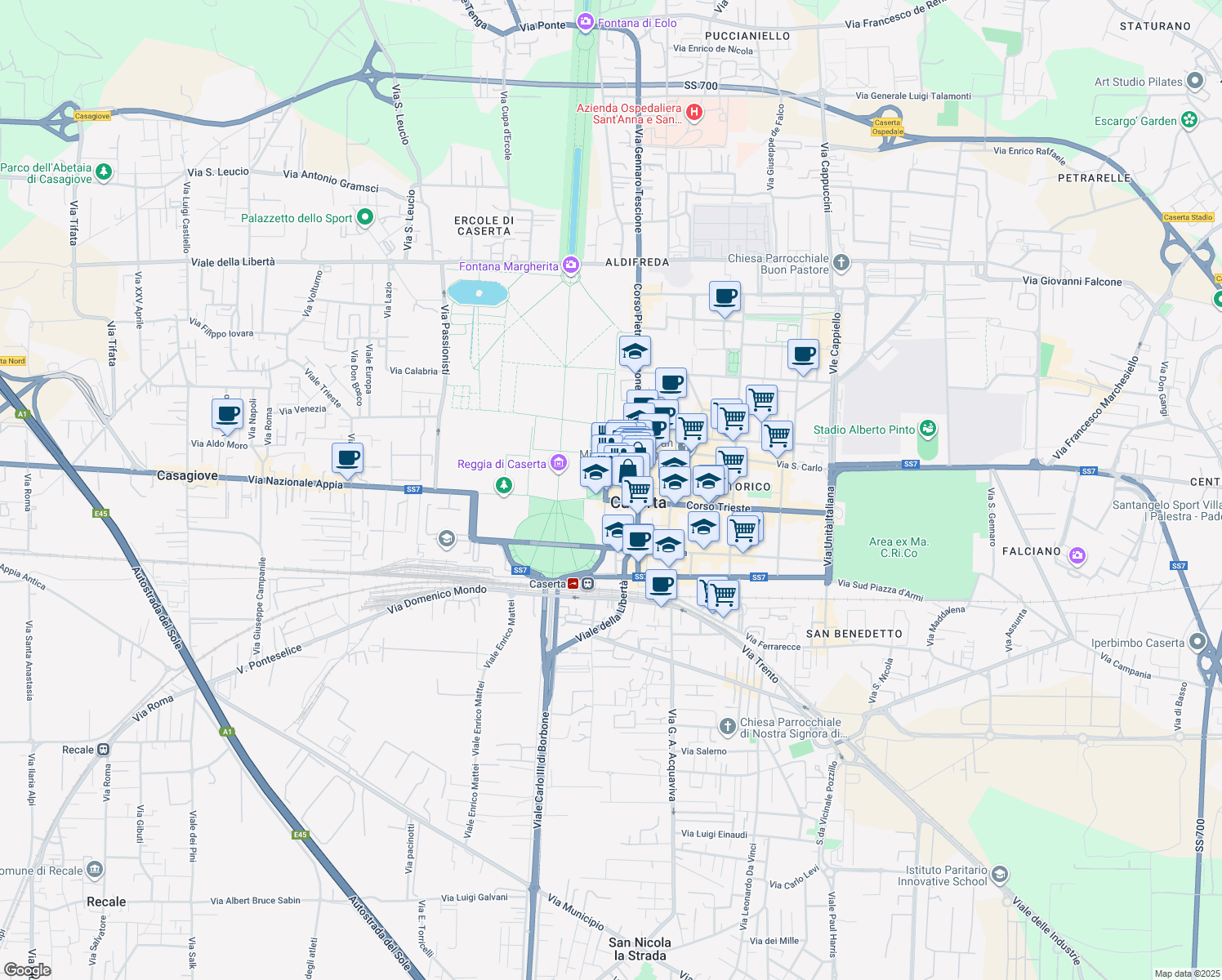map of restaurants, bars, coffee shops, grocery stores, and more near 9 Via Ferrante Franco in Caserta