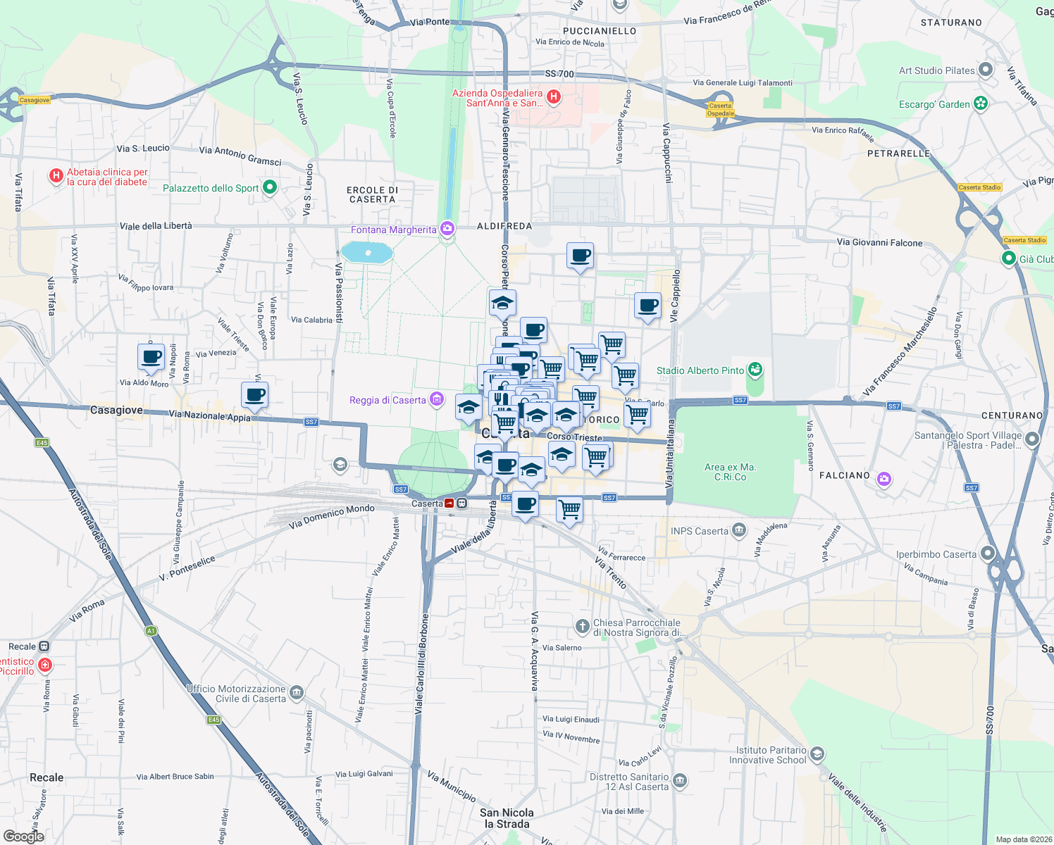 map of restaurants, bars, coffee shops, grocery stores, and more near 21 Via Sant'Agostino in Caserta